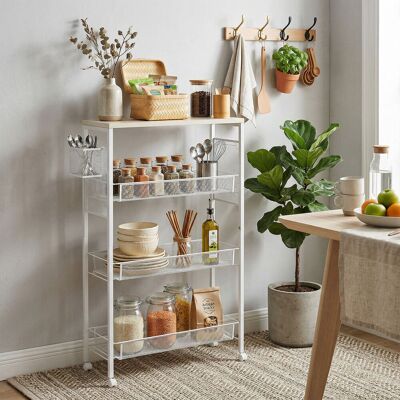 PZCC Carrito De Cocina Con Ruedas, Carrito De Almacenamiento De 3 Cestas, 1 Cesta Colgante Y Ganchos, 58 X 18,5 X 87 Cm, Blanco PZCC Carrito De Cocina Con Ruedas, Carrito De Almacenamiento De 3 Cestas, 1 Cesta Colgante Y Ganchos, 58 X 18,5 X 87 Cm, Blanco
