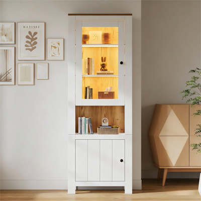 MODFU Vitrina De 70x40x188 Cm Con Iluminación Led, 2 Puertas, 6 Estantes Ajustables, Almacenamiento Que Ahorra Espacio, Color Blanco Y Madera. MODFU Vitrina De 70x40x188 Cm Con Iluminación Led, 2 Puertas, 6 Estantes Ajustables, Almacenamiento Que Ahorra Espacio, Color Blanco Y Madera.