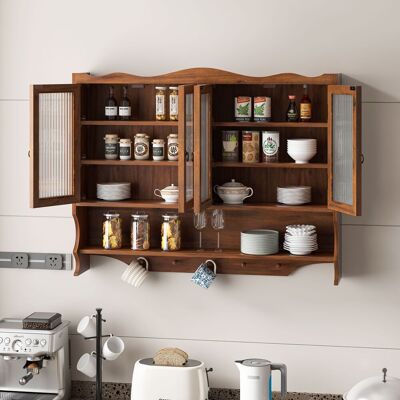 STILVORA Armario De Pared Con 4 Puertas Y Estantes Extraíbles, Con Perchero De Ganchos, Estilo Retro, De Madera Maciza Y Vidrio, 100×20×80 Cm, Marrón STILVORA Armario De Pared Con 4 Puertas Y Estantes Extraíbles, Con Perchero De Ganchos, Estilo Retro, De Madera Maciza Y Vidrio, 100×20×80 Cm, Marrón