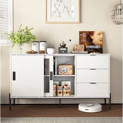 BEAOK Aparador De Tablero De Partículas Blanco Con 2 Puertas De Vidrio Acanalado Y 3 Cajones, Gran Capacidad De Almacenaje BEAOK Aparador De Tablero De Partículas Blanco Con 2 Puertas De Vidrio Acanalado Y 3 Cajones, Gran Capacidad De Almacenaje