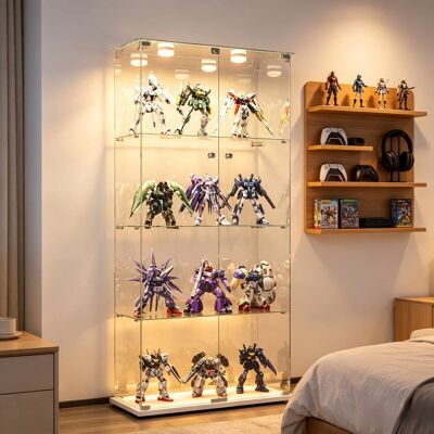 OCEVIA Vitrina De Cuatro Niveles Y Dos Puertas Con Iluminación Led, Cristal Templado Blanco, Diseño Moderno, Compartimento De Almacenamiento Transparente, Color Blanco. OCEVIA Vitrina De Cuatro Niveles Y Dos Puertas Con Iluminación Led, Cristal Templado Blanco, Diseño Moderno, Compartimento De Almacenamiento Transparente, Color Blanco.