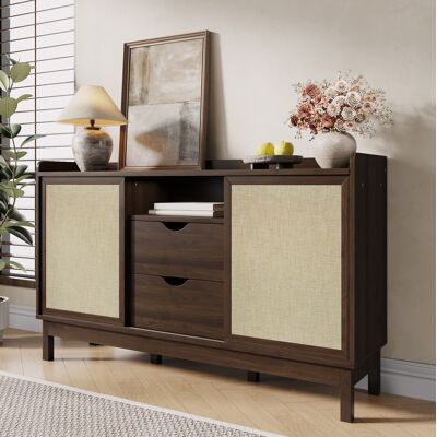 WISHDOR Aparador Con Puertas Correderas Y Cajones Dobles, Natural, 150x39,5x80 Cm WISHDOR Aparador Con Puertas Correderas Y Cajones Dobles, Natural, 150x39,5x80 Cm