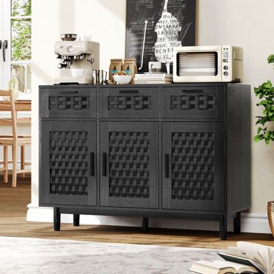 OEM Buffet Moderno De Ratán Negro, Buffet Bajo, 3 Puertas 3 Cajones, 107.9x40x80 Cm, Patas De Madera Maciza, Para Salón, Cocina Y Dormitorio. OEM Buffet Moderno De Ratán Negro, Buffet Bajo, 3 Puertas 3 Cajones, 107.9x40x80 Cm, Patas De Madera Maciza, Para Salón, Cocina Y Dormitorio.