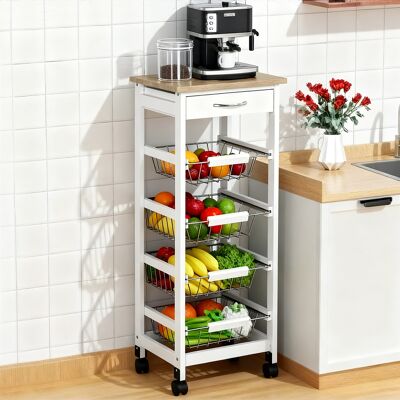 LIIYIELA Carrito De Servicio Rodante Multiusos Con 4 Cestas Metálicas Y Cajón De Madera De Pino, 37 X 37 X 82 Cm, Blanco. LIIYIELA Carrito De Servicio Rodante Multiusos Con 4 Cestas Metálicas Y Cajón De Madera De Pino, 37 X 37 X 82 Cm, Blanco.