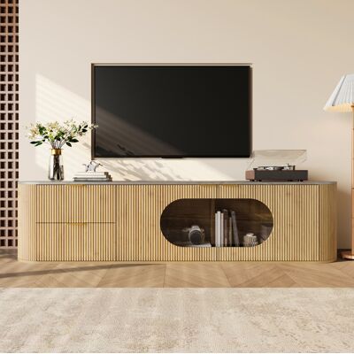 BEAOK Mueble Para Tv De Mdf Y Vidrio Gris Natural 172x38x45,5 Cm, Puertas 3d, Vitrina Ovalada Y Almacenaje Compartimentado BEAOK Mueble Para Tv De Mdf Y Vidrio Gris Natural 172x38x45,5 Cm, Puertas 3d, Vitrina Ovalada Y Almacenaje Compartimentado