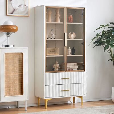 HAUSS SPOLE Vitrina 70x35x150cm, Puerta De Cristal Con Luz Led,2 Cajones, Mueble, Armario Alto, Blanco HAUSS SPOLE Vitrina 70x35x150cm, Puerta De Cristal Con Luz Led,2 Cajones, Mueble, Armario Alto, Blanco