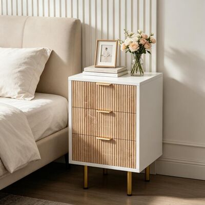 OCEVIA Mesita De Noche – Unidad De Almacenamiento Multifuncional – Cómoda De Tres Cajones – Blanca Con Vetas De Madera Clara – Diseño Moderno OCEVIA Mesita De Noche – Unidad De Almacenamiento Multifuncional – Cómoda De Tres Cajones – Blanca Con Vetas De Madera Clara – Diseño Moderno