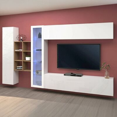 Pared Equipada Dcavio, Conjunto De Salón Mueble De Tv Con 4 Puertas, Mueble De Salón Polivalente Con Vitrina Y Luz Led, 100% Made In Italy, Cm 280x30h180, Blanco Brillo Y Arce - Dmora Pared Equipada Dcavio, Conjunto De Salón Mueble De Tv Con 4 Puertas, Mueble De Salón Polivalente Con Vitrina Y Luz Led, 100% Made In Italy, Cm 280x30h180, Blanco Brillo Y Arce - Dmora
