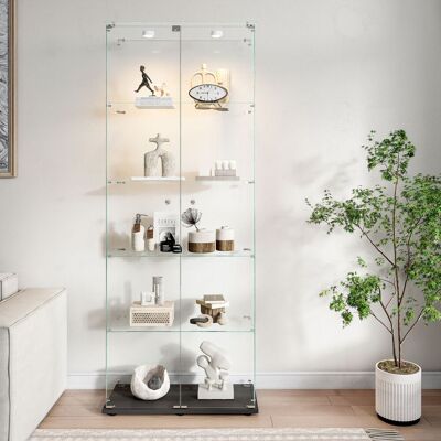 BRILVERDE Vitrina De Vidrio 5 Niveles Con Led Personalizable, Armario Vitrina De Doble Puerta En Vidrio Templado, Mueble Expositor Moderno Con Estantes, Focos Led Regulables, Base Negra BRILVERDE Vitrina De Vidrio 5 Niveles Con Led Personalizable, Armario Vitrina De Doble Puerta En Vidrio Templado, Mueble Expositor Moderno Con Estantes, Focos Led Regulables, Base Negra