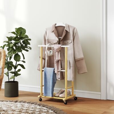 TORMATOR Galán De Noche Bambú Con Ruedas Percha Superior Barras Para Pantalones Y Balda Inferior Para Zapatos Natural Y Blanco TORMATOR Galán De Noche Bambú Con Ruedas Percha Superior Barras Para Pantalones Y Balda Inferior Para Zapatos Natural Y Blanco