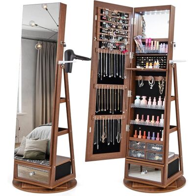 Costway - Armario Para Joyas, Organizador De Joyas Con Luces Led, Armario Joyero Con Espejo Entero De Pie Giratorio De 360° Con Cerradura, Estante Para Secador Y Estantes Traseros (marrón) Costway - Armario Para Joyas, Organizador De Joyas Con Luces Led, Armario Joyero Con Espejo Entero De Pie Giratorio De 360° Con Cerradura, Estante Para Secador Y Estantes Traseros (marrón)