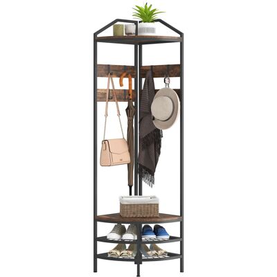 JHY DESIGN Mueble Esquinero Para Recibidor, Perchero De 4 Niveles, Espacio Para Guardar Zapatos, 8 Ganchos Ajustables, 2 Estantes, Color Marrón Rústico. JHY DESIGN Mueble Esquinero Para Recibidor, Perchero De 4 Niveles, Espacio Para Guardar Zapatos, 8 Ganchos Ajustables, 2 Estantes, Color Marrón Rústico.
