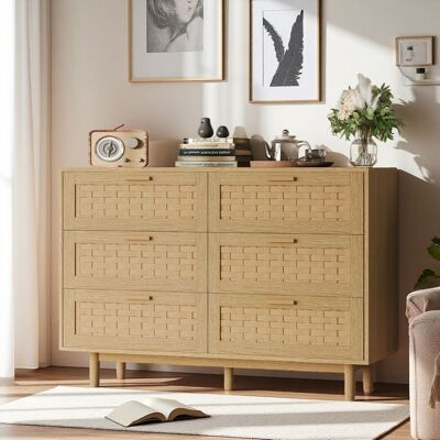 OEM Buffet Bajo De Ratán, Buffet De Madera De Salón, 115x40x80 Cm, Cómoda De Dormitorio Con 6 Cajones, Estilo Moderno, Mueble De Almacenamiento OEM Buffet Bajo De Ratán, Buffet De Madera De Salón, 115x40x80 Cm, Cómoda De Dormitorio Con 6 Cajones, Estilo Moderno, Mueble De Almacenamiento