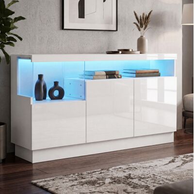 MODFU Vitrina De 140x36x80 Cm Con Iluminación Led Controlada Por App, Nicho De Acrílico, 3 Puertas, Espacio De Almacenamiento, Color Blanco Brillante. MODFU Vitrina De 140x36x80 Cm Con Iluminación Led Controlada Por App, Nicho De Acrílico, 3 Puertas, Espacio De Almacenamiento, Color Blanco Brillante.