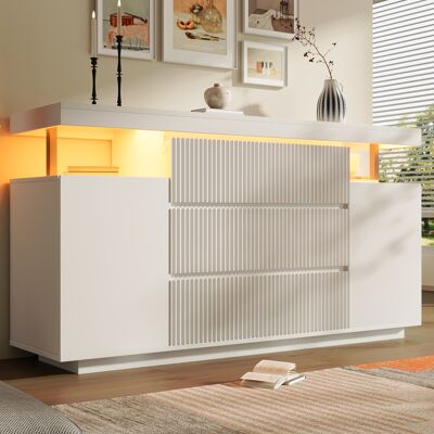 JHY DESIGN Aparador Moderno Con Iluminación Led, Blanco, Cómoda De 150x40x78cm Con 6 Cajones Y 2 Puertas, Aparador De Pared, Mueble Para Salón, Mueble De Recibidor Con Frentes Acanalados. JHY DESIGN Aparador Moderno Con Iluminación Led, Blanco, Cómoda De 150x40x78cm Con 6 Cajones Y 2 Puertas, Aparador De Pared, Mueble Para Salón, Mueble De Recibidor Con Frentes Acanalados.