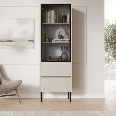 DMORA Vitrina Zanica, Mueble Expositor 2 Estantes, 2 Cajones, Una Puerta, 60x40x185h Cm Beige DMORA Vitrina Zanica, Mueble Expositor 2 Estantes, 2 Cajones, Una Puerta, 60x40x185h Cm Beige