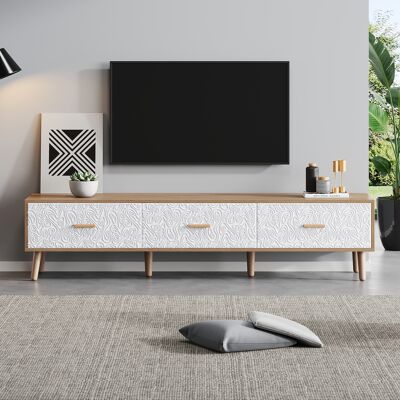 MODFU Mueble Tv 150x35x39cm Con 3 Cajones, Diseño Retro, Estilo Sencillo, Color Blanco + Natural, Tablero Aglomerado MODFU Mueble Tv 150x35x39cm Con 3 Cajones, Diseño Retro, Estilo Sencillo, Color Blanco + Natural, Tablero Aglomerado