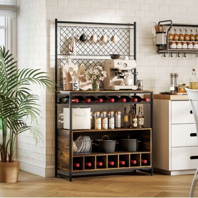 BEAOK Estantería De Cocina De Madera Marrón Rústico Con Estructura Metálica, 96,5 Cm, Botellero Para 7 Botellas Y 5 Ganchos BEAOK Estantería De Cocina De Madera Marrón Rústico Con Estructura Metálica, 96,5 Cm, Botellero Para 7 Botellas Y 5 Ganchos