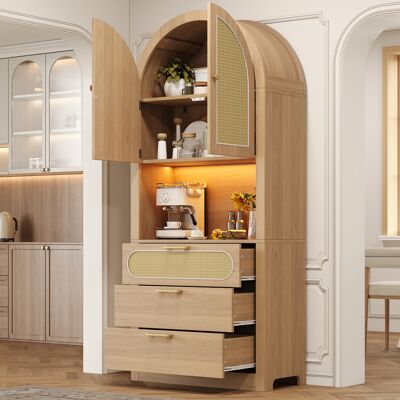 COVREO Vitrina 80x35x180 Cm Blanco Y Roble Claro En Mdf Y Aglomerado Con Puertas De Ratán, Led Regulable Y 3 Cajones COVREO Vitrina 80x35x180 Cm Blanco Y Roble Claro En Mdf Y Aglomerado Con Puertas De Ratán, Led Regulable Y 3 Cajones