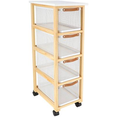 Mueble Rectangular De Madera Con Ruedas, Con 4 Cestas De Metal En Blanco Y Color Natural - Tendance Mueble Rectangular De Madera Con Ruedas, Con 4 Cestas De Metal En Blanco Y Color Natural - Tendance