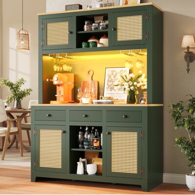 Redom - Armario De Almacenaje Alto 120x40x180 Cm, Estantes Ajustables, Cajones, Puertas De Pe Ratán, Luz Usb, Verde Antiguo Redom - Armario De Almacenaje Alto 120x40x180 Cm, Estantes Ajustables, Cajones, Puertas De Pe Ratán, Luz Usb, Verde Antiguo