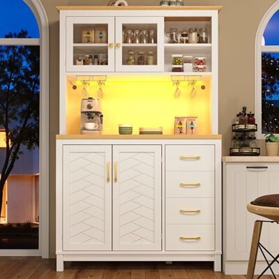 MODFU Aparador De Almacenamiento De 105,5 X 40 X 180 Cm Con Tira Led Controlada Por Aplicación, Mdf, Estilo Retro Moderno - Blanco MODFU Aparador De Almacenamiento De 105,5 X 40 X 180 Cm Con Tira Led Controlada Por Aplicación, Mdf, Estilo Retro Moderno - Blanco