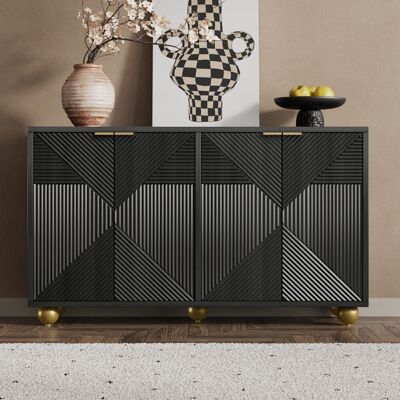 SOLKVUNZA Aparador 120 X 35 X 71,5 Cm - Cómoda De Almacenaje Con 4 Puertas Grabadas Y Estantes Ajustables - Mdf - Negro SOLKVUNZA Aparador 120 X 35 X 71,5 Cm - Cómoda De Almacenaje Con 4 Puertas Grabadas Y Estantes Ajustables - Mdf - Negro
