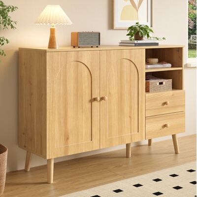 MODFU Vitrina De 118x35x82 Cm Con 2 Puertas Arqueadas, 2 Cajones Y Estantes Abiertos, Mdf, Patas Y Tiradores De Madera - Natural MODFU Vitrina De 118x35x82 Cm Con 2 Puertas Arqueadas, 2 Cajones Y Estantes Abiertos, Mdf, Patas Y Tiradores De Madera - Natural