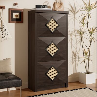 BEAOK Zapatero En Tablero De Partículas Efecto Madera Marrón Oscuro Con Ratán, 3 Puertas Abatibles, 54 X 25 X 115 Cm BEAOK Zapatero En Tablero De Partículas Efecto Madera Marrón Oscuro Con Ratán, 3 Puertas Abatibles, 54 X 25 X 115 Cm