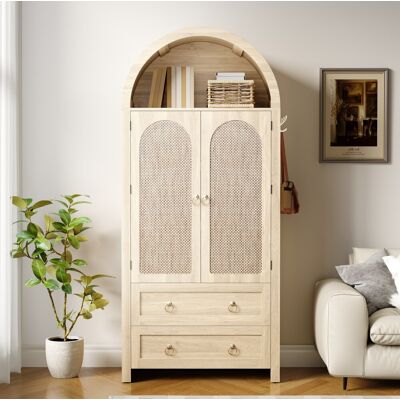 BEAOK Aparador De Mdf Color Roble Con Puertas Efecto Ratán, 80 X 40 X 180 Cm, 2 Cajones Y Baldas Regulables BEAOK Aparador De Mdf Color Roble Con Puertas Efecto Ratán, 80 X 40 X 180 Cm, 2 Cajones Y Baldas Regulables