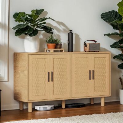 OEM Comoda Escandinava Para Dormitorio, 4 Puertas, Trenzado De Ratán, Asa De Metal - L 140 X P 40 X H 80 Cm - Color Roble OEM Comoda Escandinava Para Dormitorio, 4 Puertas, Trenzado De Ratán, Asa De Metal - L 140 X P 40 X H 80 Cm - Color Roble