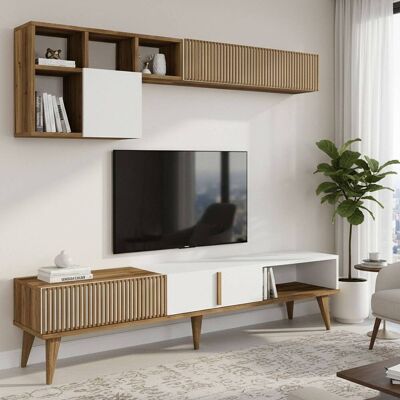 Dmora - Pared Equipada Gemini, Composición De La Sala De Estar, Muebles De Salón Multiusos, Gabinete De Tv, 180x35h40 Cm, Nogal Y Blanco, Con Embalaje Reforzado Dmora - Pared Equipada Gemini, Composición De La Sala De Estar, Muebles De Salón Multiusos, Gabinete De Tv, 180x35h40 Cm, Nogal Y Blanco, Con Embalaje Reforzado