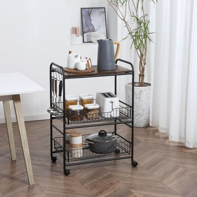 TORMATOR Carrito Auxiliar Con Ruedas De 3 Niveles Carrito De Cocina Con 2 Cestas Y 4 Ganchos 60x38x85,5 Cm Marrón Rústico TORMATOR Carrito Auxiliar Con Ruedas De 3 Niveles Carrito De Cocina Con 2 Cestas Y 4 Ganchos 60x38x85,5 Cm Marrón Rústico