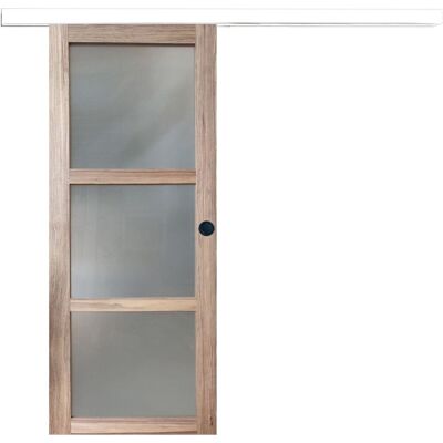 Puerta Corredera De Madera Frake Con Vitrina H204 X L83 Cm, Riel De Aluminio Con Banda Blanca, Conchas Negras Para Gd Menuiseries Puerta Corredera De Madera Frake Con Vitrina H204 X L83 Cm, Riel De Aluminio Con Banda Blanca, Conchas Negras Para Gd Menuiseries
