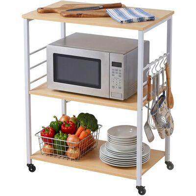 Carro De Cocina Relaxdays, 3 Estantes, 6 Ganchos En S, 89 X 60 X 40 Cm, Mdf Y Acero, Natural/blanco Carro De Cocina Relaxdays, 3 Estantes, 6 Ganchos En S, 89 X 60 X 40 Cm, Mdf Y Acero, Natural/blanco