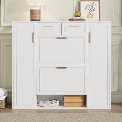 COVREO Zapatero 120x24x107 Cm Blanco En Mdf Y Aglomerado Con Estantes Ajustables, 2 Cajones Y Puertas Abatibles COVREO Zapatero 120x24x107 Cm Blanco En Mdf Y Aglomerado Con Estantes Ajustables, 2 Cajones Y Puertas Abatibles