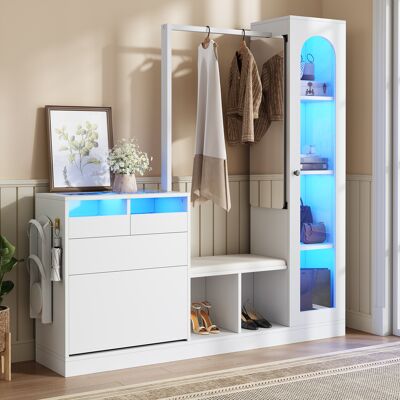 DREAMMESPACE Mueble De Entrada 6 En 1 Led - Cómoda Con Perchero, Barra Para Colgar Ropa, Banco Y Zapatero, Vitrina De Cristal - Blanco DREAMMESPACE Mueble De Entrada 6 En 1 Led - Cómoda Con Perchero, Barra Para Colgar Ropa, Banco Y Zapatero, Vitrina De Cristal - Blanco