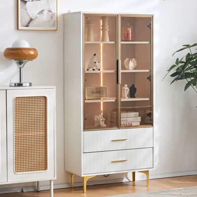 Elvmi Vitrina Con 2 Puertas, 2 Cajones, 3 Estantes Y 2 Ajustables Con Led, Para Salon Y Comedor, En Tablero, Blanco, 70 X 35 X 150 Cm Elvmi Vitrina Con 2 Puertas, 2 Cajones, 3 Estantes Y 2 Ajustables Con Led, Para Salon Y Comedor, En Tablero, Blanco, 70 X 35 X 150 Cm
