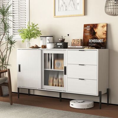 STILVORA Aparador Con 2 Puertas De Vidrio Acanalado Y 3 Cajones, Estilo Clásico, En Tablero De Partículas, Blanco STILVORA Aparador Con 2 Puertas De Vidrio Acanalado Y 3 Cajones, Estilo Clásico, En Tablero De Partículas, Blanco