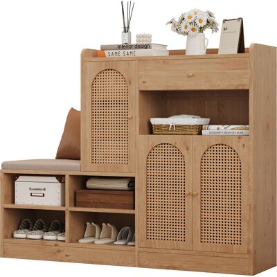 RETROK Zapatero Con Banco Tapizado, 3 Puertas De Ratán Y 1 Cajón, Mueble De Almacenaje Multifuncional Para El Recibidor, Aspecto Madera, 142 X 35 X 110 Cm RETROK Zapatero Con Banco Tapizado, 3 Puertas De Ratán Y 1 Cajón, Mueble De Almacenaje Multifuncional Para El Recibidor, Aspecto Madera, 142 X 35 X 110 Cm