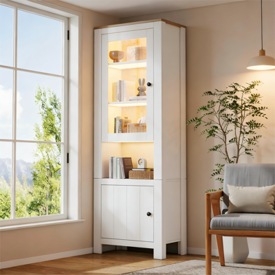 OKWISH Vitrina Con Led Y Estantes Ajustables, 2 Puertas, En Blanco Y Natural, 70x40x188 Cm OKWISH Vitrina Con Led Y Estantes Ajustables, 2 Puertas, En Blanco Y Natural, 70x40x188 Cm