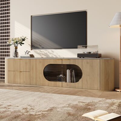 SOLKVUNZA Mueble Tv 172 X 38 X 45,5 Cm - Diseño Moderno Con Puertas En Relieve 3d Y Vitrina Ovalada - Mueble De Salón Contemporáneo En Mdf Y Vidrio - Natural SOLKVUNZA Mueble Tv 172 X 38 X 45,5 Cm - Diseño Moderno Con Puertas En Relieve 3d Y Vitrina Ovalada - Mueble De Salón Contemporáneo En Mdf Y Vidrio - Natural