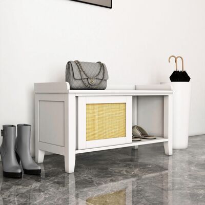 SANS MARQUE Mueble Zapatero Con Banco Con 2 Puertas De Ratán Estilo Cannage Carga 130 Kg Para Pasillo 80x35x45 Cm Blanco Y Natural SANS MARQUE Mueble Zapatero Con Banco Con 2 Puertas De Ratán Estilo Cannage Carga 130 Kg Para Pasillo 80x35x45 Cm Blanco Y Natural