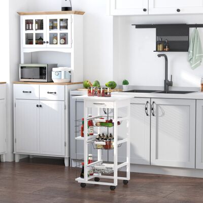 PZCC Carrito De Cocina Con Múltiples Compartimentos De Almacenamiento, 3 Cestas Metálicas, Cajón + 2 Botelleros, Madera De Pino Blanco. PZCC Carrito De Cocina Con Múltiples Compartimentos De Almacenamiento, 3 Cestas Metálicas, Cajón + 2 Botelleros, Madera De Pino Blanco.
