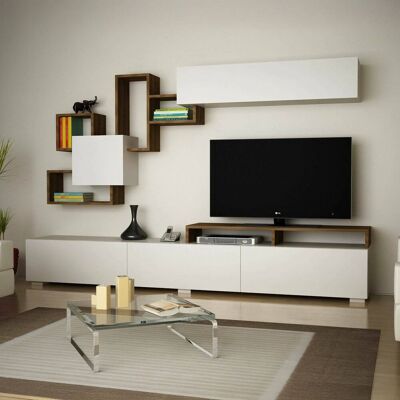 DMORA - Pared Equipada Thalassa - Blanco Nogal - Mueble de pared DMORA - Pared Equipada Thalassa - Blanco Nogal - Mueble de pared