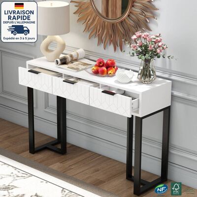 Modfu - Cómoda Consola 120x36x80 Cm Con 2 Cajones Y Reposapiés Regulable, Pata De Metal, Mdf, Blanco Modfu - Cómoda Consola 120x36x80 Cm Con 2 Cajones Y Reposapiés Regulable, Pata De Metal, Mdf, Blanco