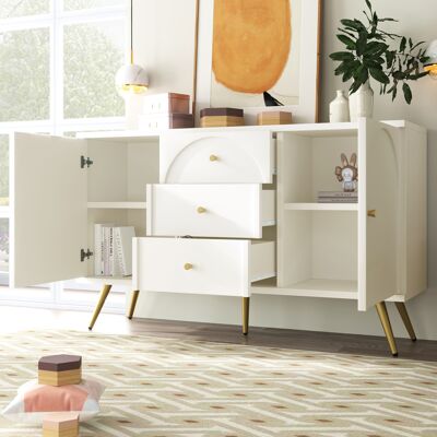 MODENVIE Cómoda Con 2 Puertas Y 3 Cajones, Estante Ajustable, Pie Regulable, Para Dormitorio, Madera, Crema, 140 X 40 X 84 Cm MODENVIE Cómoda Con 2 Puertas Y 3 Cajones, Estante Ajustable, Pie Regulable, Para Dormitorio, Madera, Crema, 140 X 40 X 84 Cm