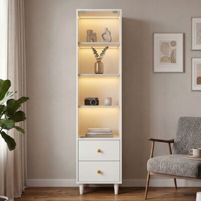 KELLANY Vitrina Con Iluminación Led, Estantería Moderna Con Puertas De Vidrio Y 2 Cajones, Vitrina Para Coleccionistas, Estilo Moderno Con Tiradores Dorados, Blanco–h165/b40/t35cm KELLANY Vitrina Con Iluminación Led, Estantería Moderna Con Puertas De Vidrio Y 2 Cajones, Vitrina Para Coleccionistas, Estilo Moderno Con Tiradores Dorados, Blanco–h165/b40/t35cm