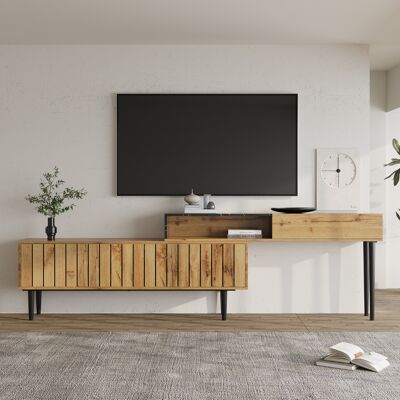 MODENVIE Mueble Tv Con Estantes, Bordes De Pvc Y Patas De Hierro, Acabado Efecto Mármol Y Madera, Mdf, Madera Natural MODENVIE Mueble Tv Con Estantes, Bordes De Pvc Y Patas De Hierro, Acabado Efecto Mármol Y Madera, Mdf, Madera Natural