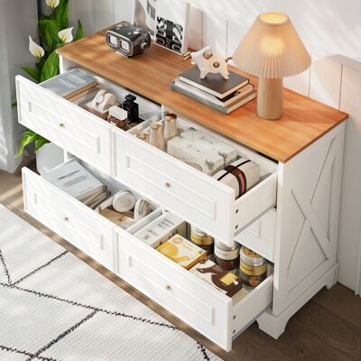STILVORA Aparador Con 6 Cajones, Motivo Granero Y Tiradores Dorados, Estilo Rústico, En Mdf, 120×40×76 Cm, Blanco STILVORA Aparador Con 6 Cajones, Motivo Granero Y Tiradores Dorados, Estilo Rústico, En Mdf, 120×40×76 Cm, Blanco